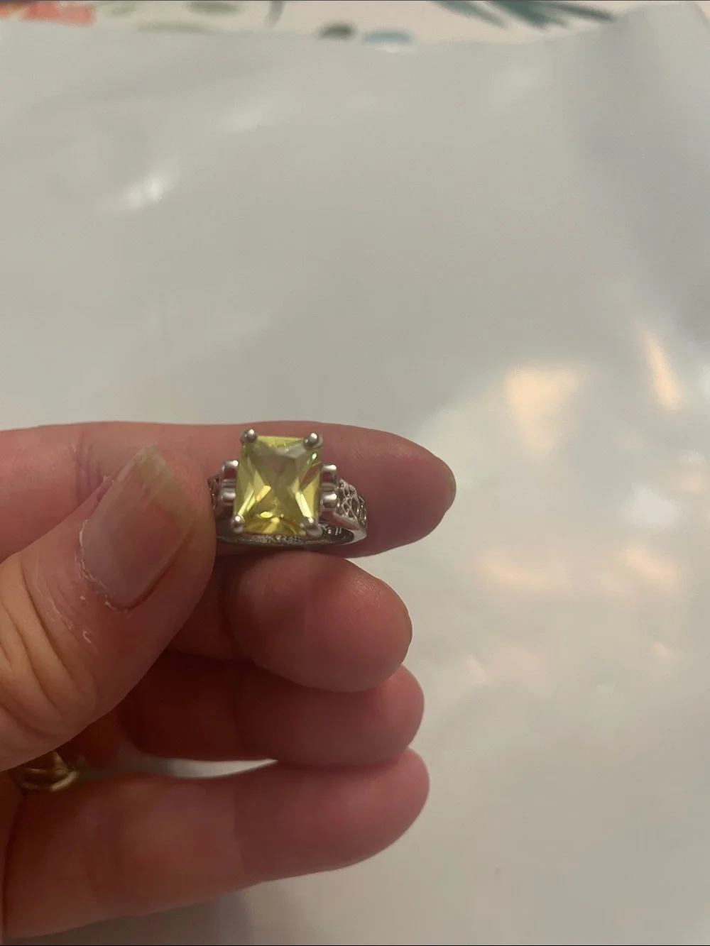 Lia Sophia Silver Ring with Square Lemon-Green Stone